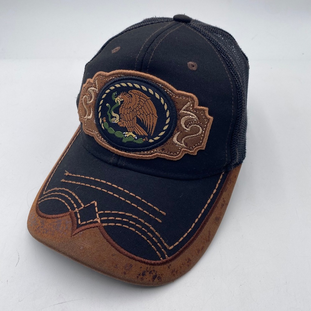 MEXICO Unbranded Eagle Snake Patch Trucker Hat Mens OSFA Black Brown Snapback